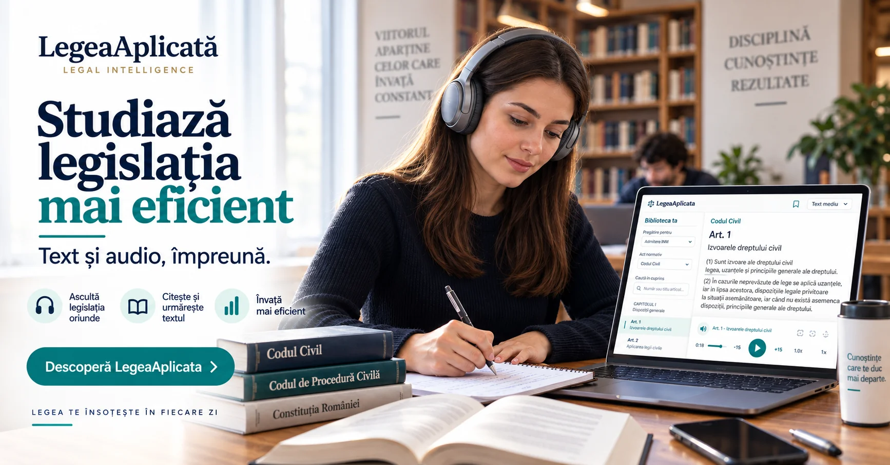 Audio Legislație Legea Aplicată: ascultă legislația și urmărește textul pentru pregătirea examenelor juridice.